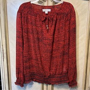 Michael Kors Black & Red Tie Front Semi Sheer Elastic Waist Ruffle Sleeve Blouse